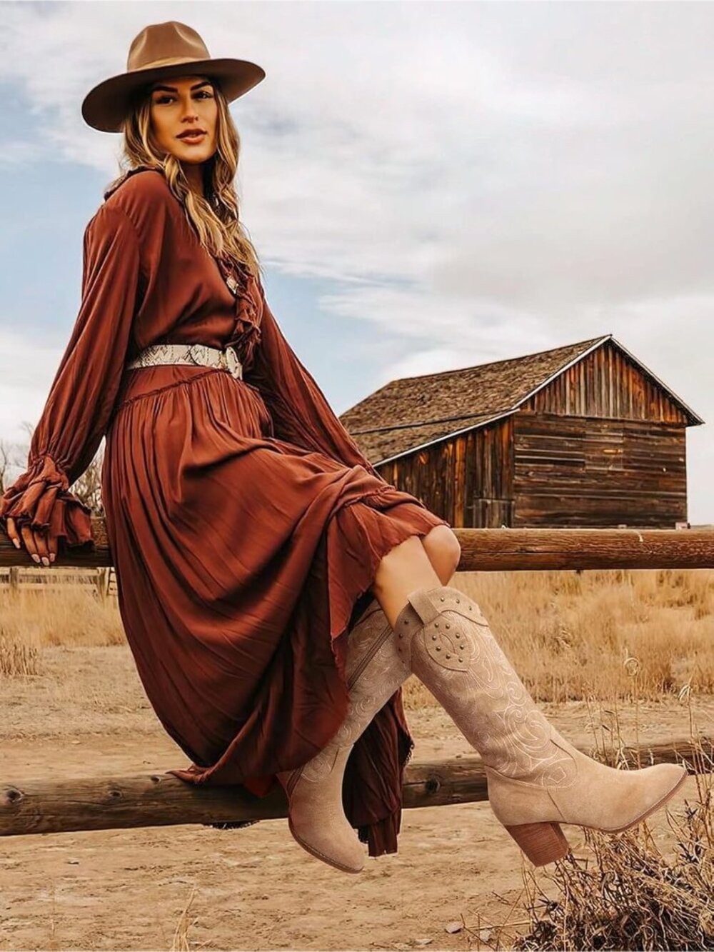 Women's Apricot Wide Calf Western Pointed Toe Chunky Heel Suede Embroidered - Picture 2 of 6